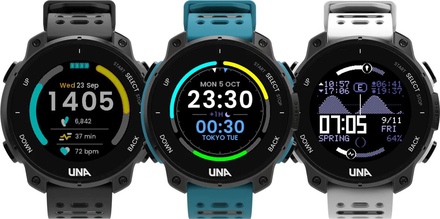 UNA's mockups of the watch in charcoal, teal and white, wearing DialDeck, Zone Clock and Tide Clock